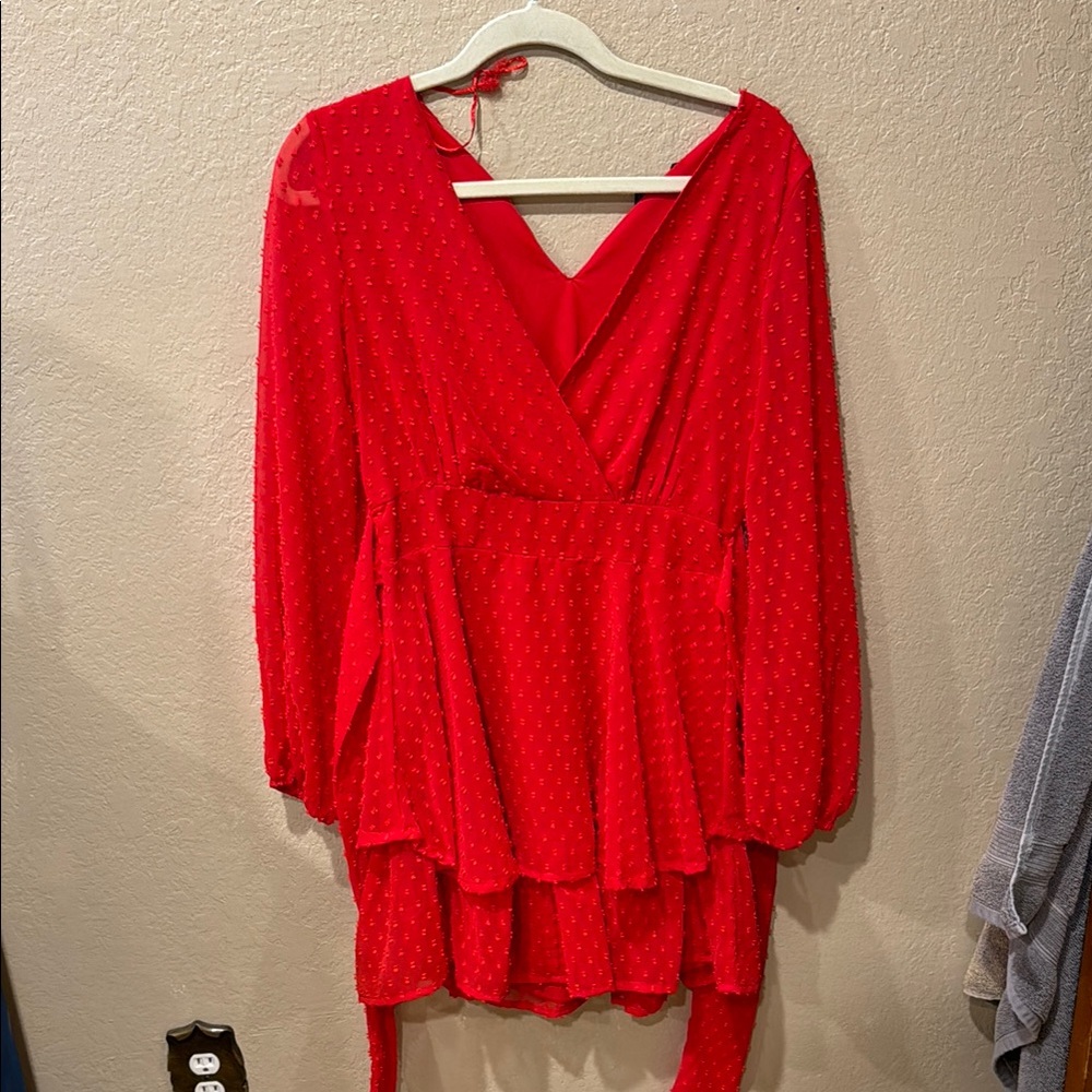 Japna Red Tiered V-Neck Long Sleeve Dress